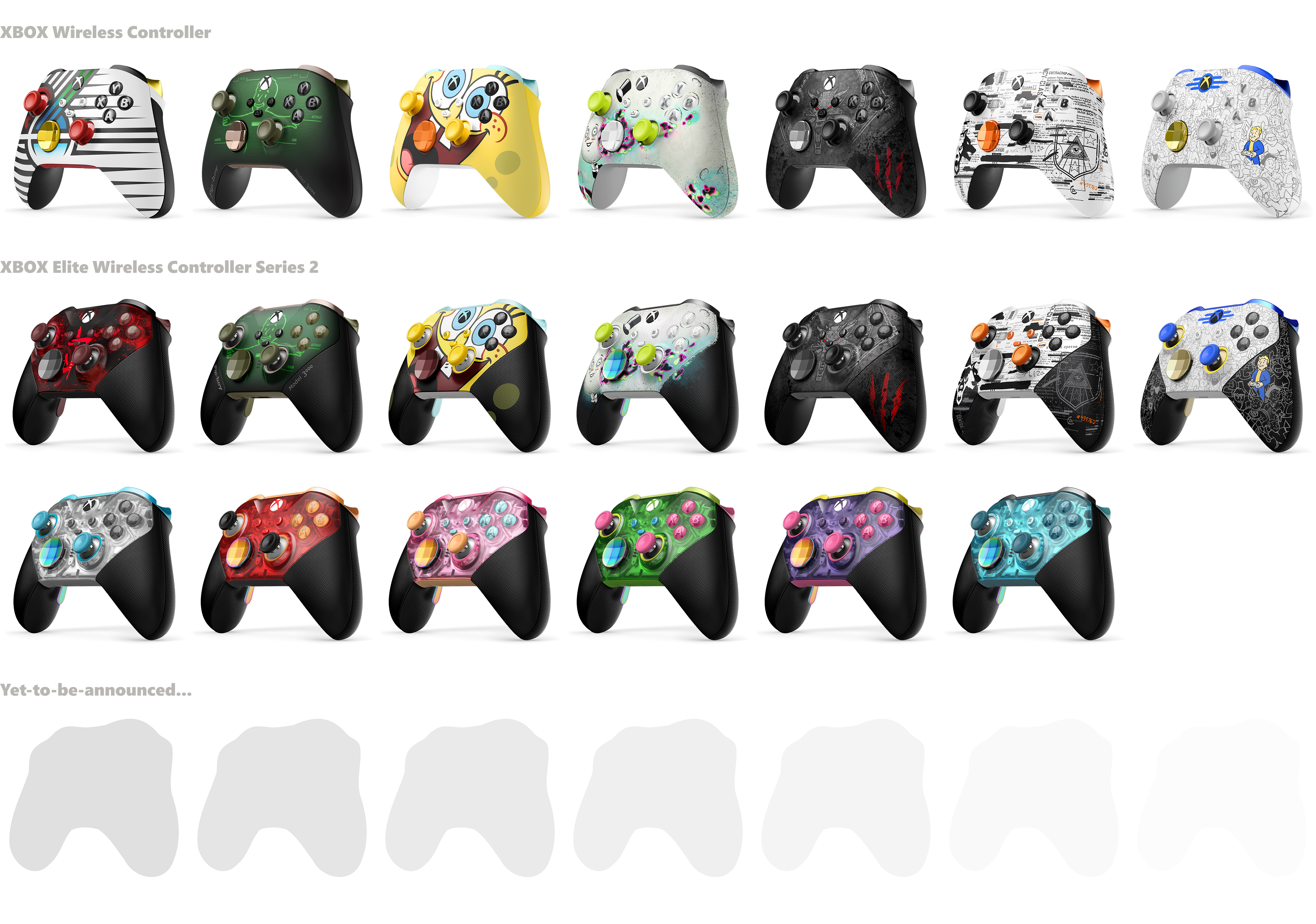 A wall of custom XBOX controller color and finish options from XBOX Design Lab, including released and upcoming designs